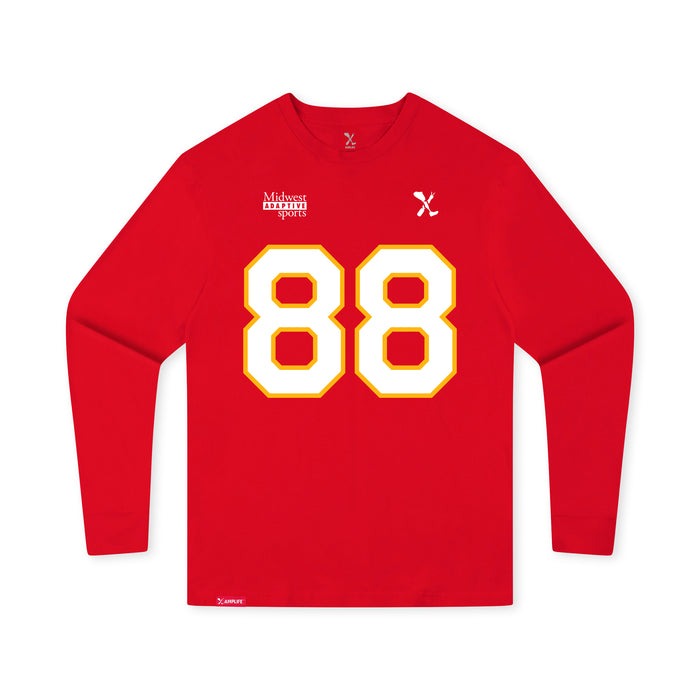Front angle of the Nathan Rainge MAS Kansas City Wheelchair Football Amplife Youth Red Long Sleeve T-Shirt against a white background