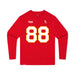Front angle of the Nathan Rainge MAS Kansas City Wheelchair Football Amplife Youth Red Long Sleeve T-Shirt against a white background