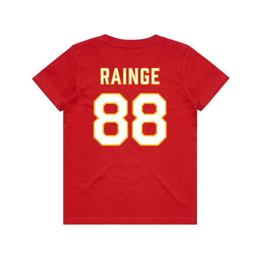 Back angle of the Nathan Rainge MAS Kansas City Wheelchair Football Amplife Youth Red T-Shirt against a white background