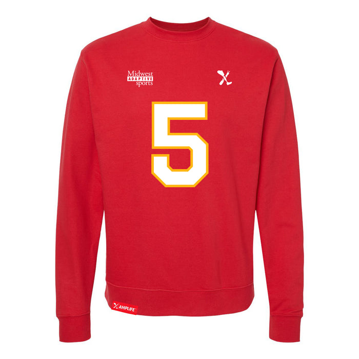 Front angle of the Stephen Bandimere MAS Kansas City Wheelchair Football Amplife Red Crewneck Sweatshirt against a white background