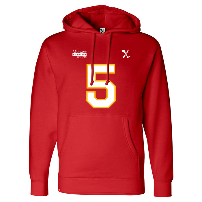 Front angle of the Stephen Bandimere MAS Kansas City Wheelchair Football Amplife Red Hoodie against a white background