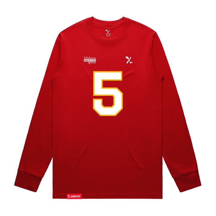 Front angle of the Stephen Bandimere MAS Kansas City Wheelchair Football Amplife Red Long Sleeve T-Shirt against a white background