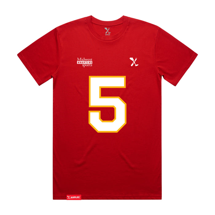 Front angle of the Stephen Bandimere MAS Kansas City Wheelchair Football Amplife Red T-Shirt against a white background