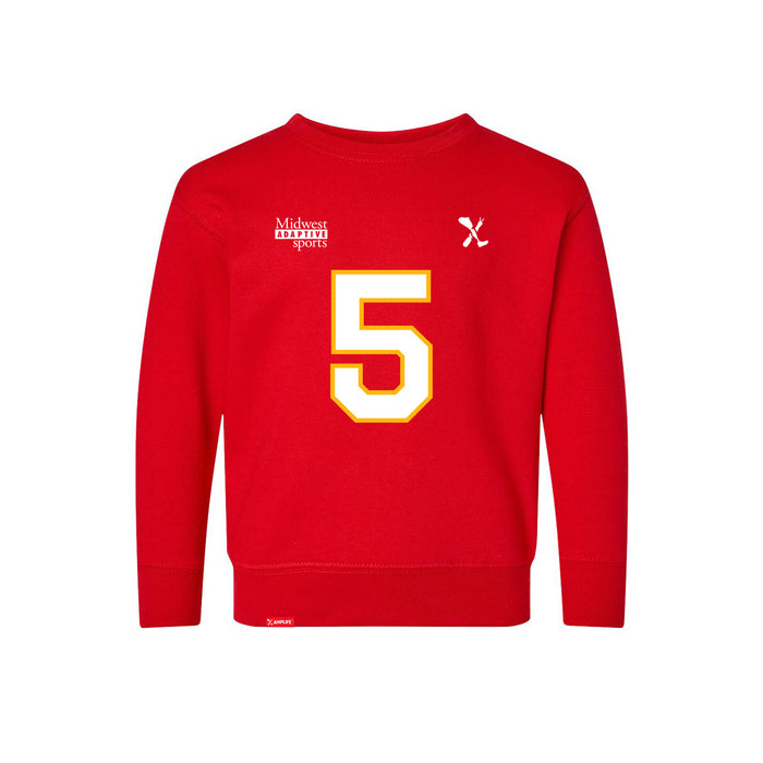 Front angle of the Stephen Bandimere MAS Kansas City Wheelchair Football Amplife Toddler Red Crewneck Sweatshirt against a white background