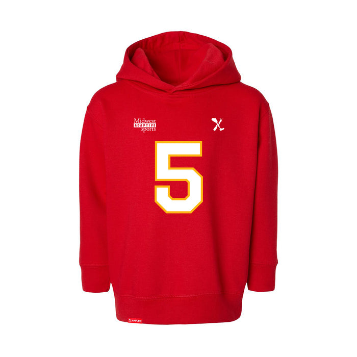 Front angle of the Stephen Bandimere MAS Kansas City Wheelchair Football Amplife Toddler Red Hoodie against a white background