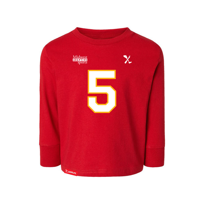 Front angle of the Stephen Bandimere MAS Kansas City Wheelchair Football Amplife Toddler Red Long Sleeve T-Shirt against a white background