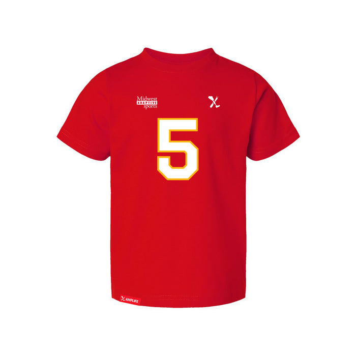 Front angle of the Stephen Bandimere MAS Kansas City Wheelchair Football Amplife Toddler Red T-Shirt against a white background