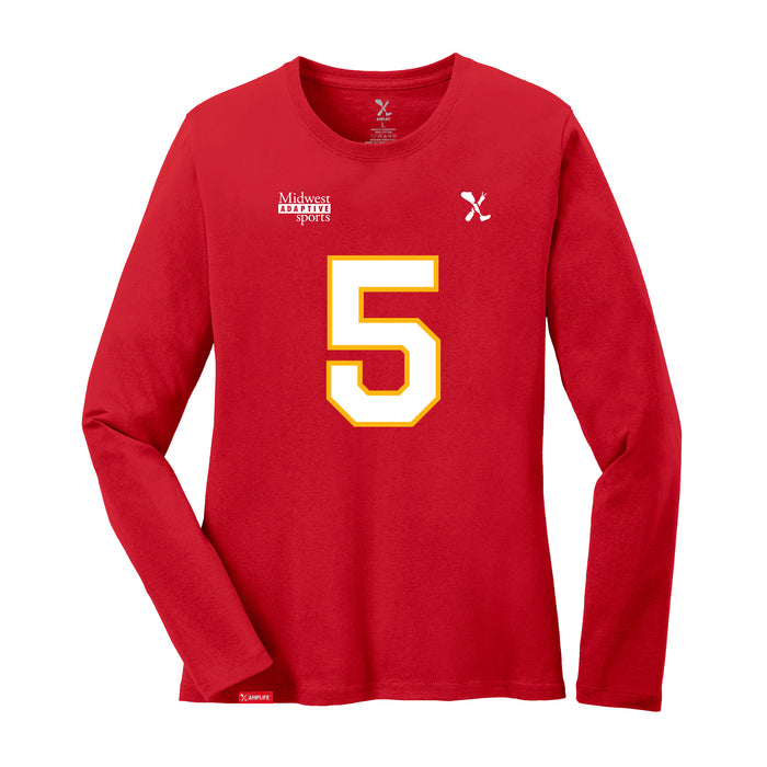 Front angle of the Stephen Bandimere MAS Kansas City Wheelchair Football Amplife Women's Red Long Sleeve T-Shirt against a white background