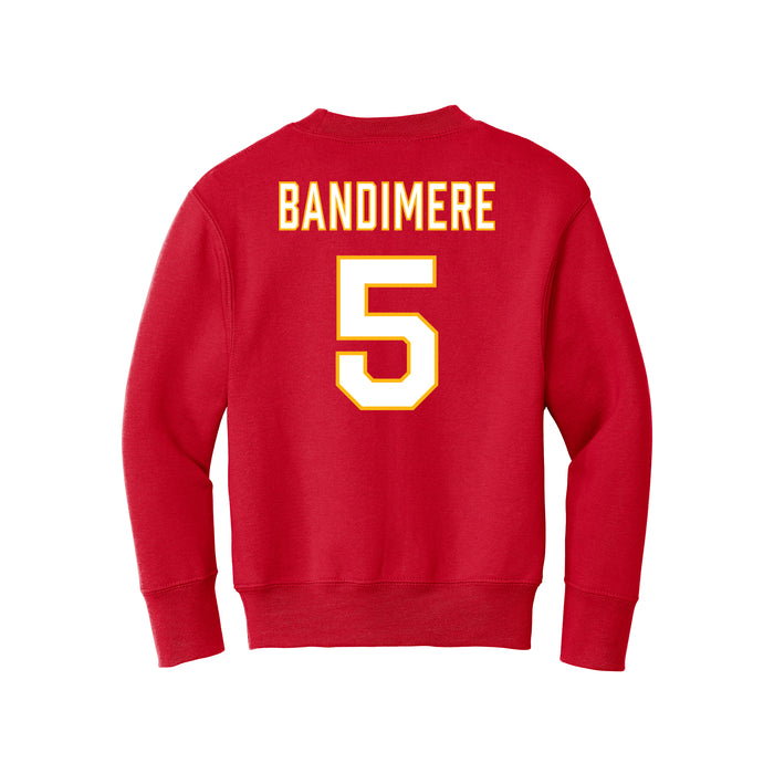 Back angle of the Stephen Bandimere MAS Kansas City Wheelchair Football Amplife Youth Red Crewneck Sweatshirt against a white background