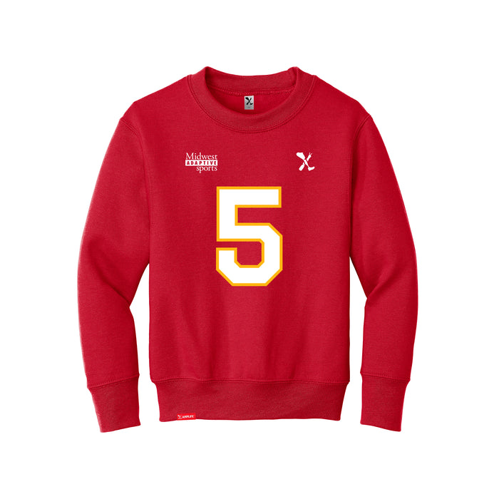 Front angle of the Stephen Bandimere MAS Kansas City Wheelchair Football Amplife Youth Red Crewneck Sweatshirt against a white background