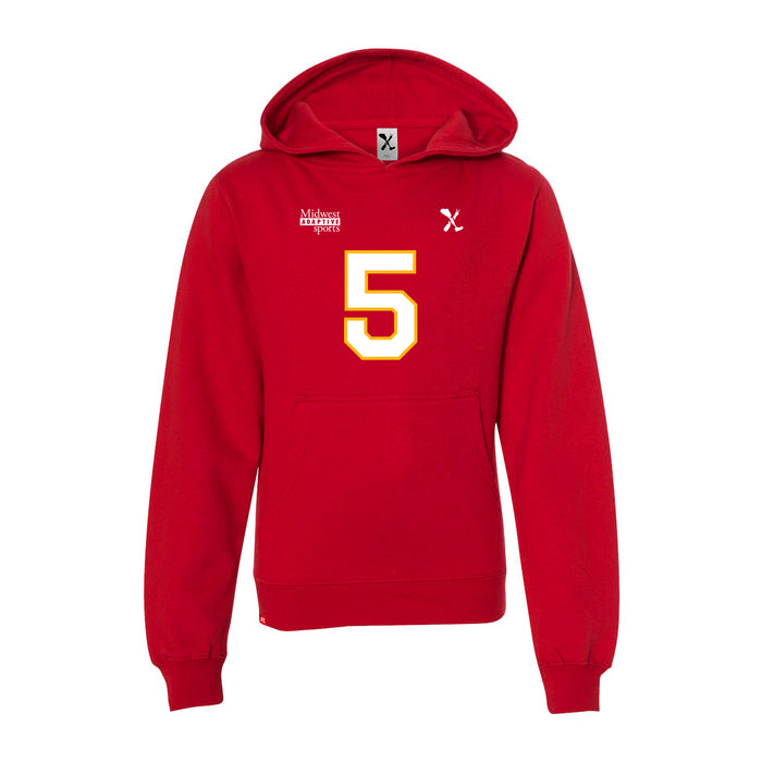 Front angle of the Stephen Bandimere MAS Kansas City Wheelchair Football Amplife Youth Red Hoodie against a white background