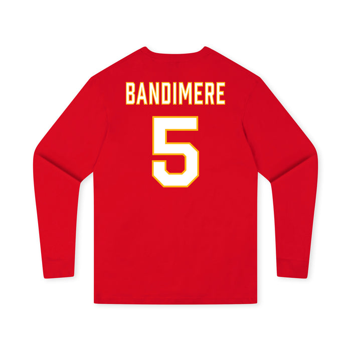 Back angle of the Stephen Bandimere MAS Kansas City Wheelchair Football Amplife Youth Red Long Sleeve T-Shirt against a white background