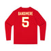 Back angle of the Stephen Bandimere MAS Kansas City Wheelchair Football Amplife Youth Red Long Sleeve T-Shirt against a white background