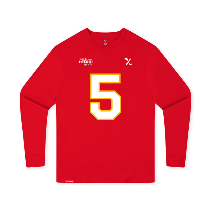 Front angle of the Stephen Bandimere MAS Kansas City Wheelchair Football Amplife Youth Red Long Sleeve T-Shirt against a white background