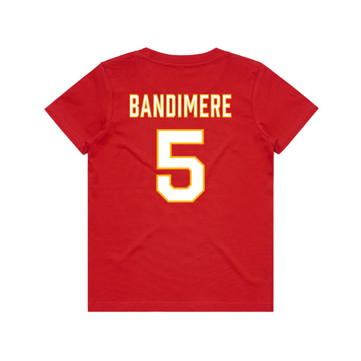 Back angle of the Stephen Bandimere MAS Kansas City Wheelchair Football Amplife Youth Red T-Shirt against a white background