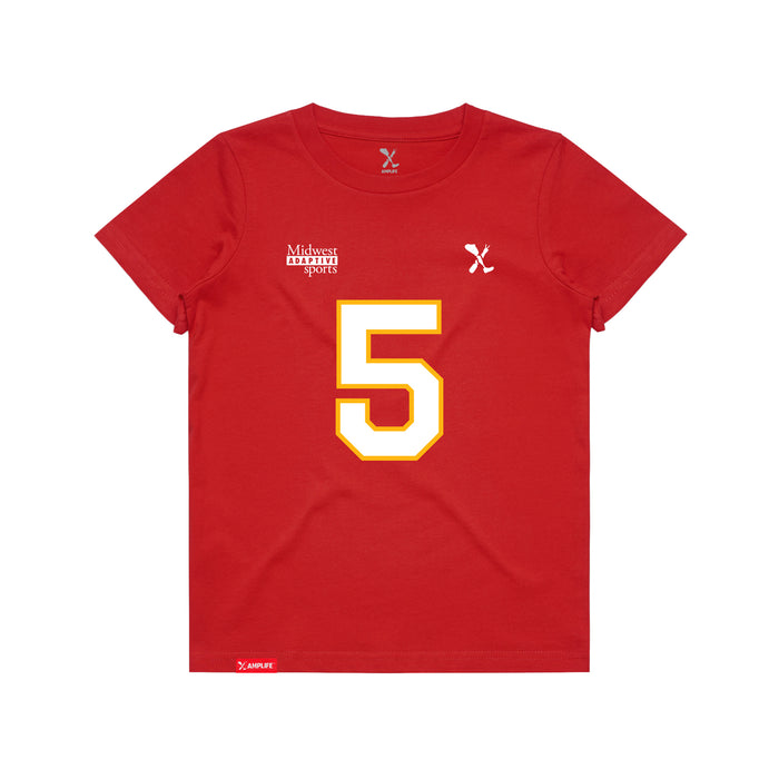 Front angle of the Stephen Bandimere MAS Kansas City Wheelchair Football Amplife Youth Red T-Shirt against a white background