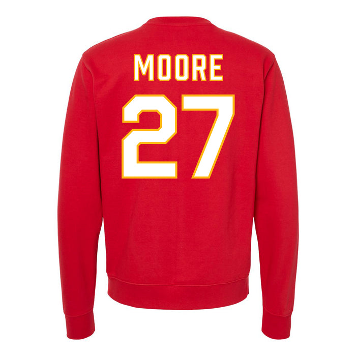 Back angle of the Taylor Moore MAS Kansas City Wheelchair Football Amplife Red Crewneck Sweatshirt against a white background