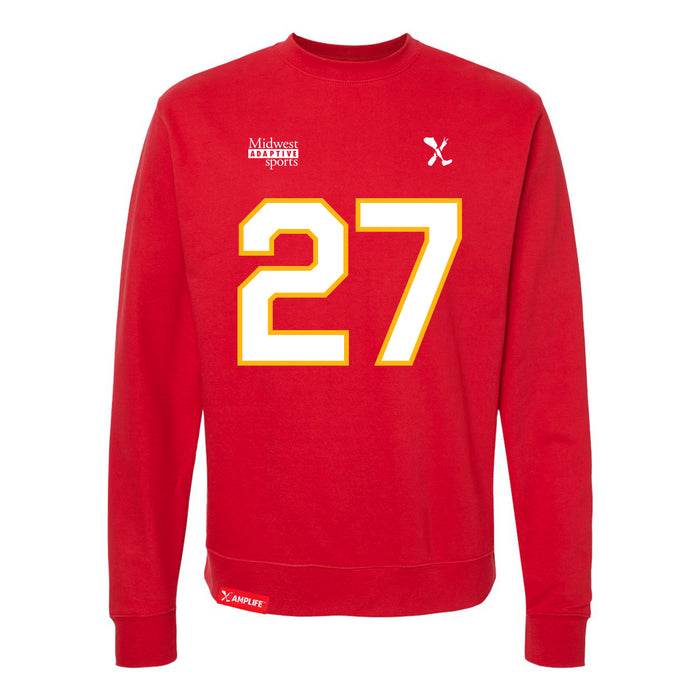 Front angle of the Taylor Moore MAS Kansas City Wheelchair Football Amplife Red Crewneck Sweatshirt against a white background