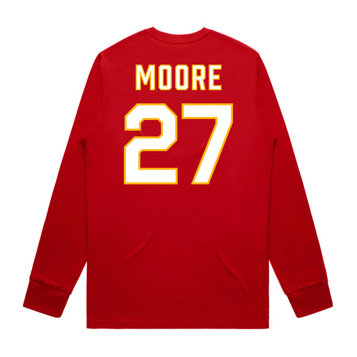 Back angle of the Taylor Moore MAS Kansas City Wheelchair Football Amplife Red Long Sleeve T-Shirt against a white background