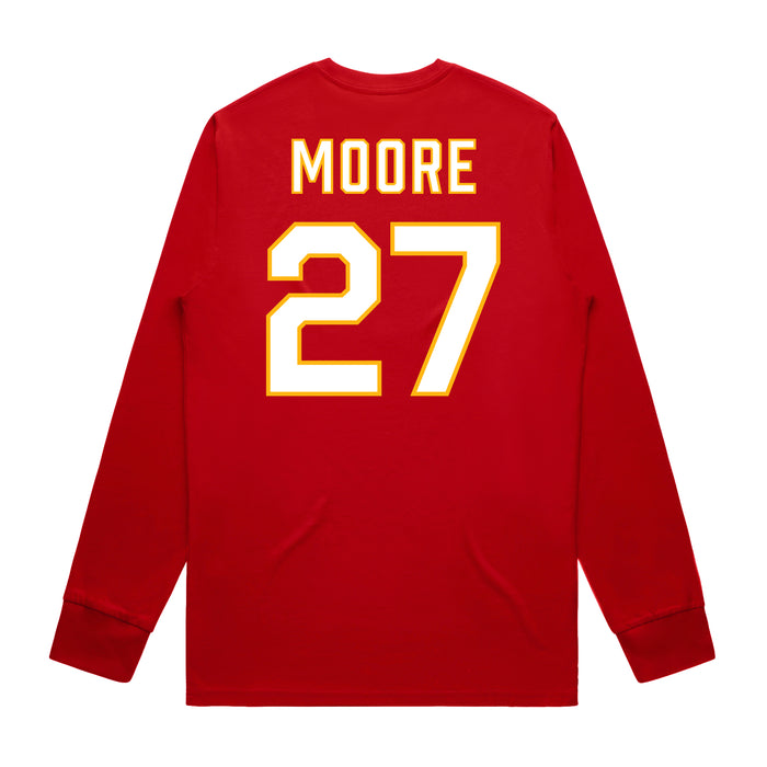 Back angle of the Taylor Moore MAS Kansas City Wheelchair Football Amplife Red Long Sleeve T-Shirt against a white background