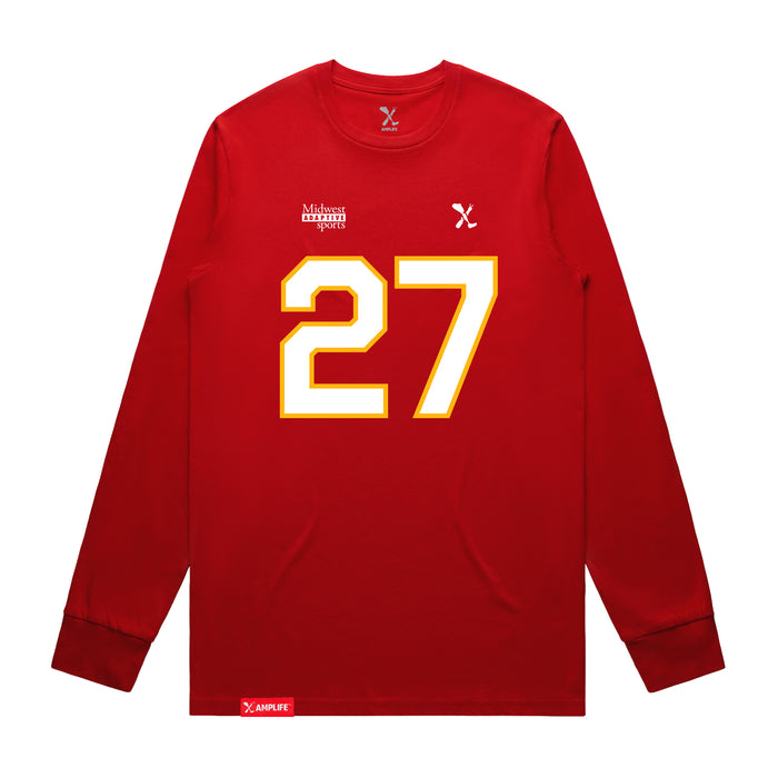 Front angle of the Taylor Moore MAS Kansas City Wheelchair Football Amplife Red Long Sleeve T-Shirt against a white background
