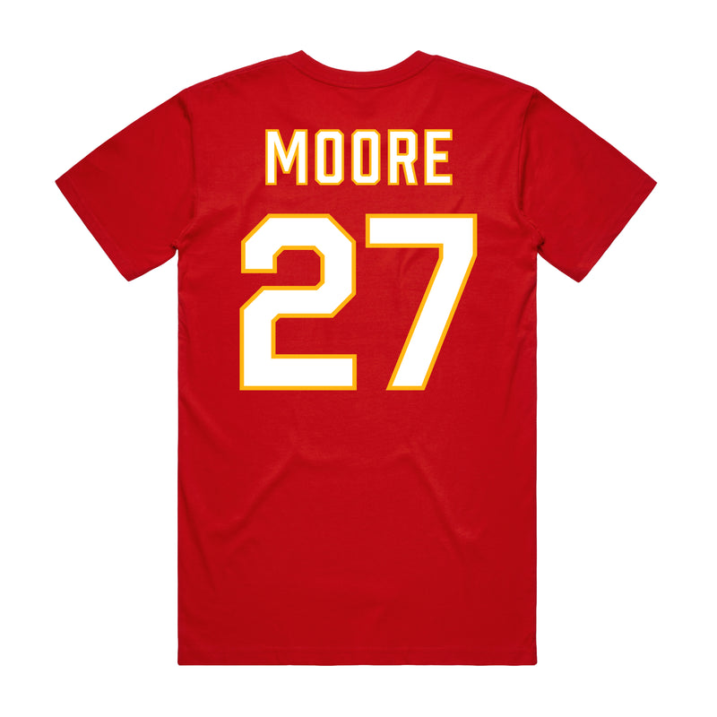 Back angle of the Taylor Moore MAS Kansas City Wheelchair Football Amplife Red T-Shirt against a white background