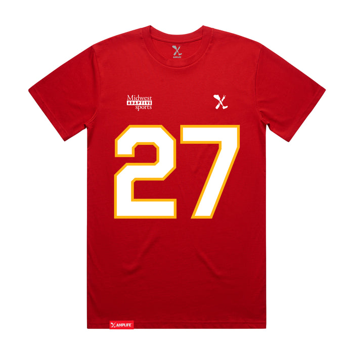 Front angle of the Taylor Moore MAS Kansas City Wheelchair Football Amplife Red T-Shirt against a white background