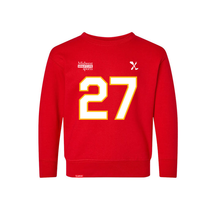 Front angle of the Taylor Moore MAS Kansas City Wheelchair Football Amplife Toddler Red Crewneck Sweatshirt against a white background