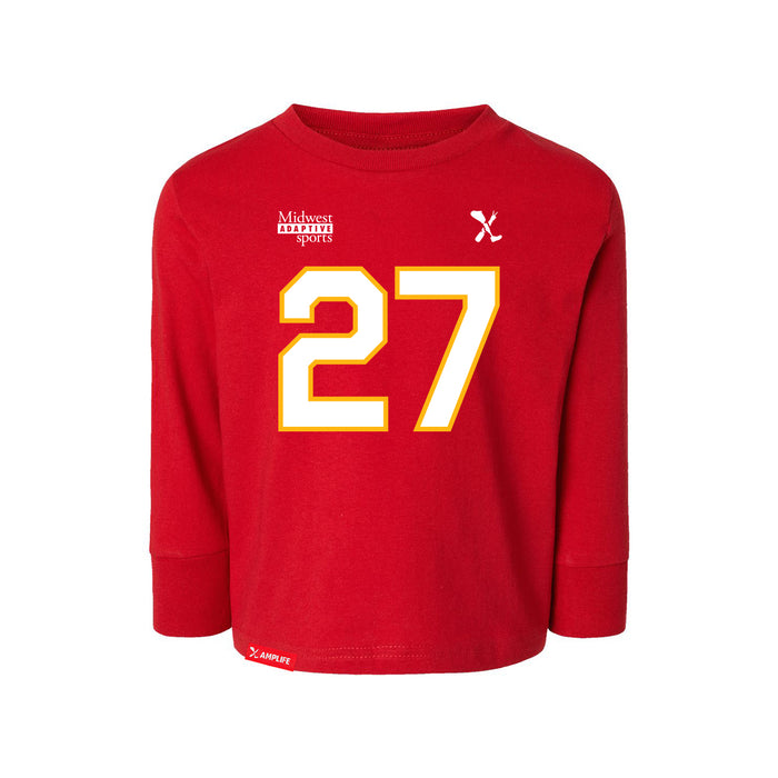 Front angle of the Taylor Moore MAS Kansas City Wheelchair Football Amplife Toddler Red Long Sleeve T-Shirt against a white background