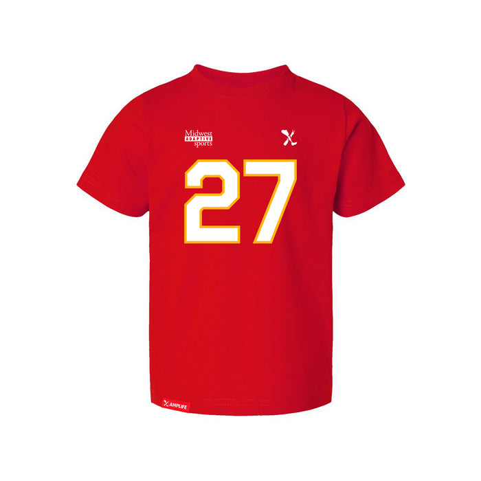 Front angle of the Taylor Moore MAS Kansas City Wheelchair Football Amplife Toddler Red T-Shirt against a white background