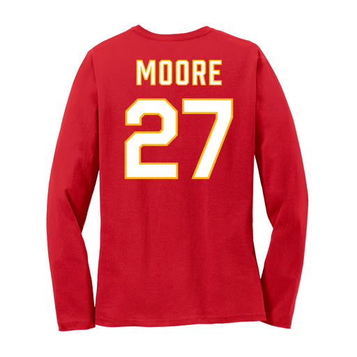 Back angle of the Taylor Moore MAS Kansas City Wheelchair Football Amplife Women's Red Long Sleeve T-Shirt against a white background