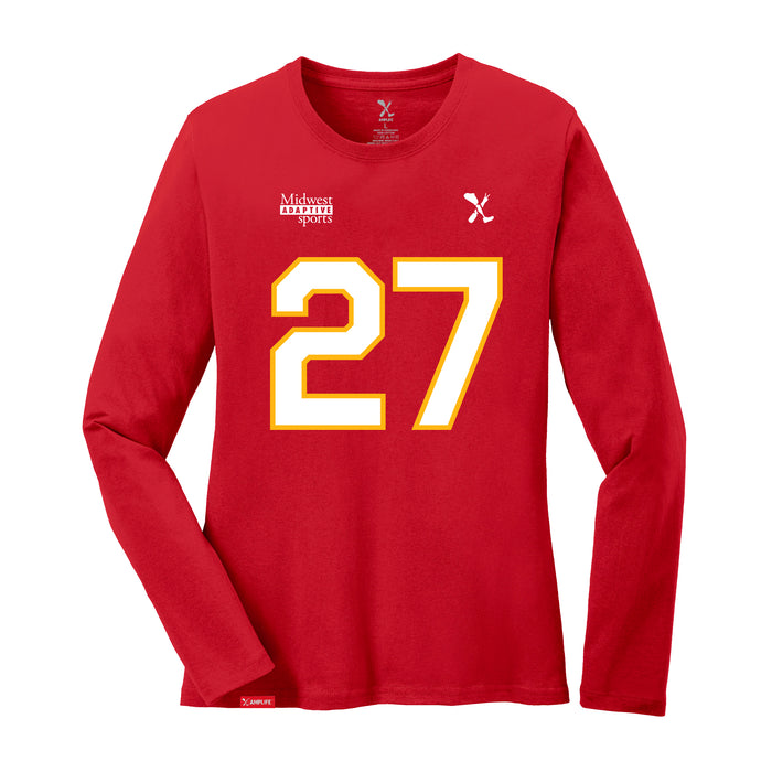 Front angle of the Taylor Moore MAS Kansas City Wheelchair Football Amplife Women's Red Long Sleeve T-Shirt against a white background