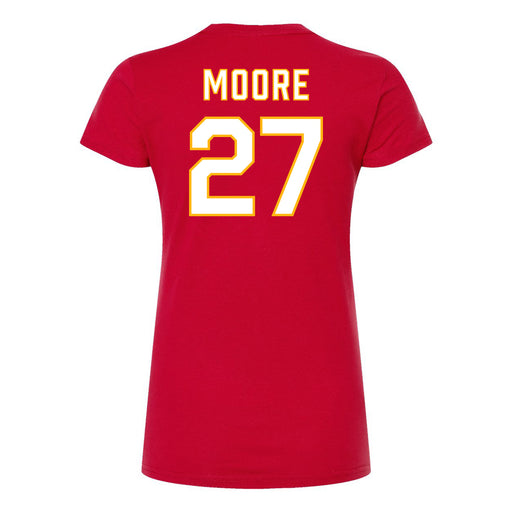 Back angle of the Taylor Moore MAS Kansas City Wheelchair Football Amplife Women's Red Slim T-Shirt against a white background