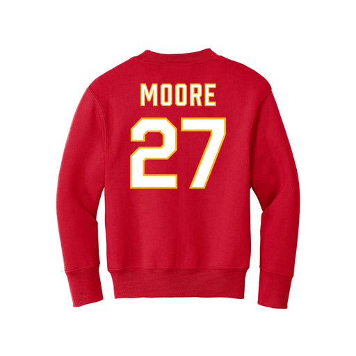 Back angle of the Taylor Moore MAS Kansas City Wheelchair Football Amplife Youth Red Crewneck Sweatshirt against a white background