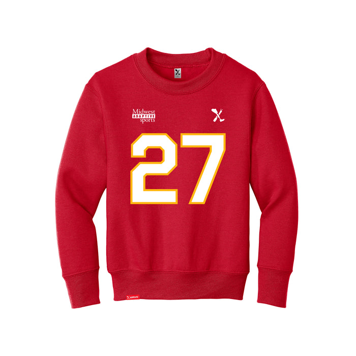 Front angle of the Taylor Moore MAS Kansas City Wheelchair Football Amplife Youth Red Crewneck Sweatshirt against a white background