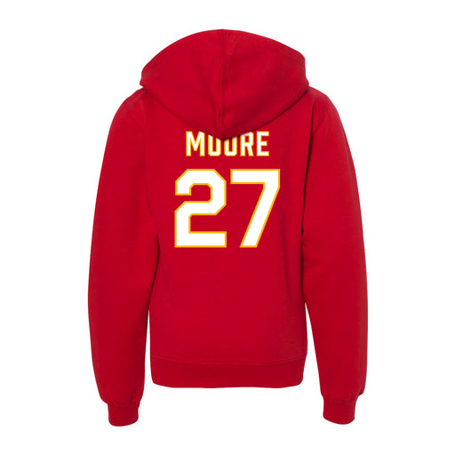 Back angle of the Taylor Moore MAS Kansas City Wheelchair Football Amplife Youth Red Hoodie against a white background