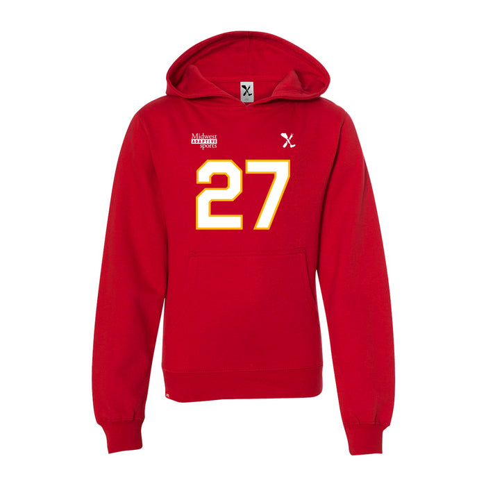 Front angle of the Taylor Moore MAS Kansas City Wheelchair Football Amplife Youth Red Hoodie against a white background