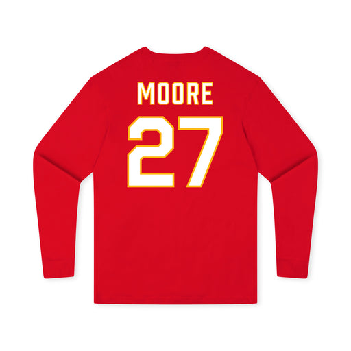 Back angle of the Taylor Moore MAS Kansas City Wheelchair Football Amplife Youth Red Long Sleeve T-Shirt against a white background