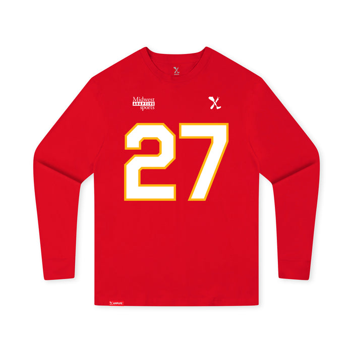Front angle of the Taylor Moore MAS Kansas City Wheelchair Football Amplife Youth Red Long Sleeve T-Shirt against a white background