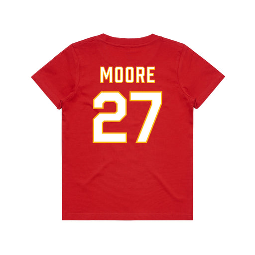 Back angle of the Taylor Moore MAS Kansas City Wheelchair Football Amplife Youth Red T-Shirt against a white background