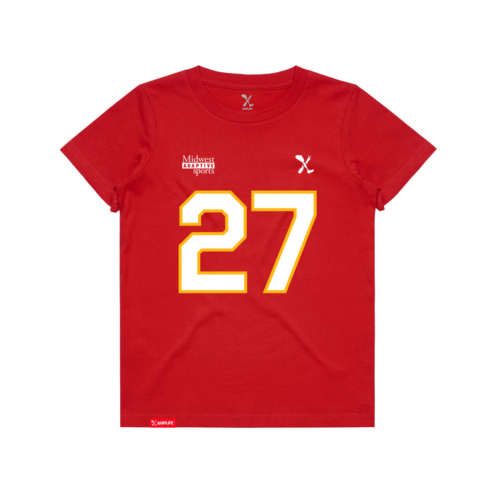 Front angle of the Taylor Moore MAS Kansas City Wheelchair Football Amplife Youth Red T-Shirt against a white background