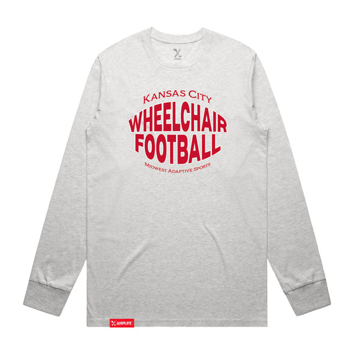 MAS Kansas City Wheelchair Football Warp Ash Heather Grey & Red Long Sleeve T-Shirt on a white background