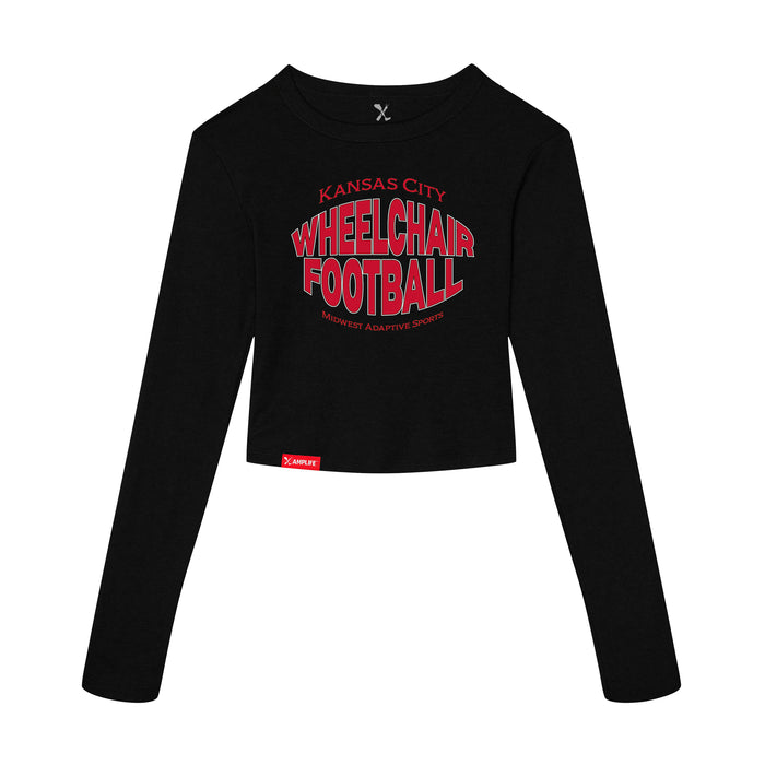 MAS Kansas City Wheelchair Football Warp Women's Black Crop Long Sleeve T-Shirt on a white background