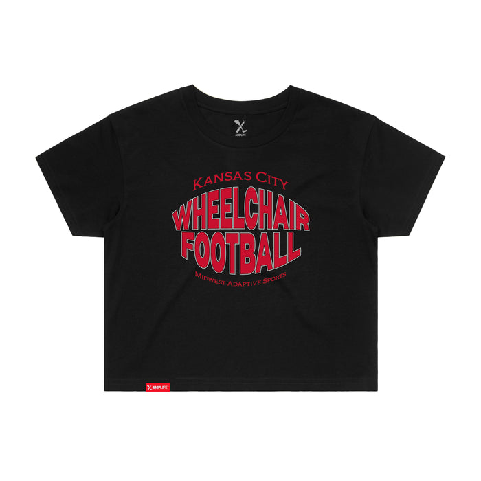 MAS Kansas City Wheelchair Football Warp Women's Black Crop T-Shirt on a white background