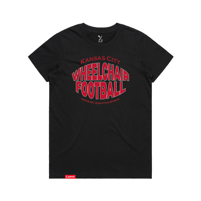 MAS Kansas City Wheelchair Football Warp Women's Black T-Shirt on a white background