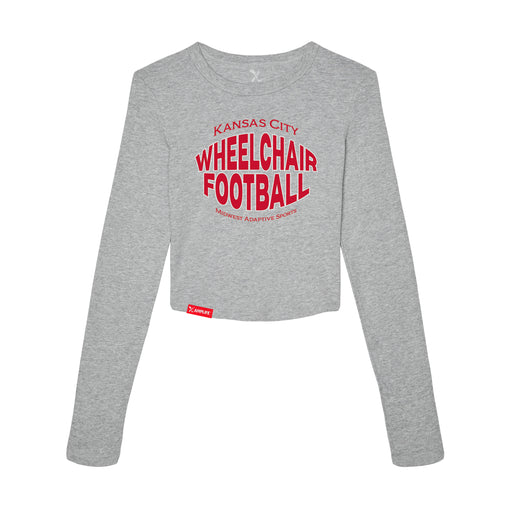 MAS Kansas City Wheelchair Football Warp Women's Heather Grey Crop Long Sleeve T-Shirt on a white background
