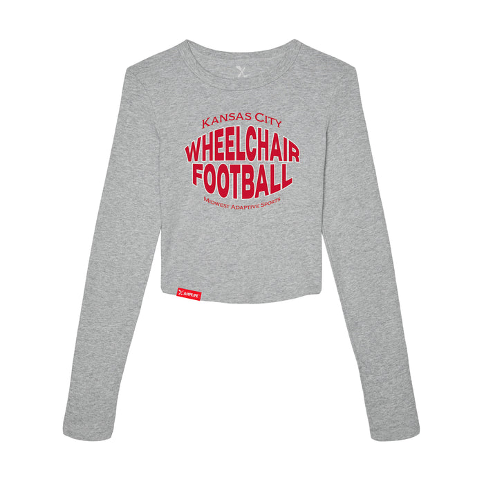MAS Kansas City Wheelchair Football Warp Women's Heather Grey Crop Long Sleeve T-Shirt on a white background