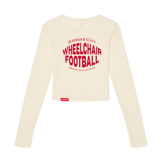 MAS Kansas City Wheelchair Football Warp Women's Natural Crop Long Sleeve T-Shirt on a white background