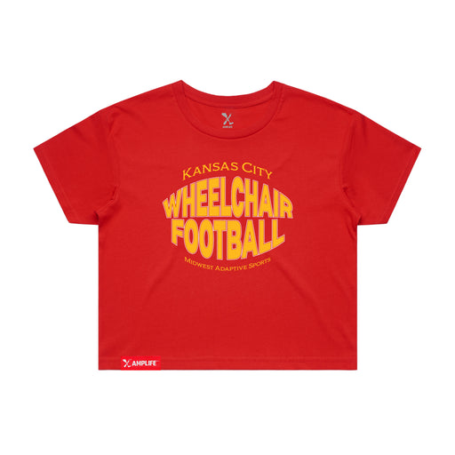 MAS Kansas City Wheelchair Football Warp Women's Red Crop T-Shirt on a white background