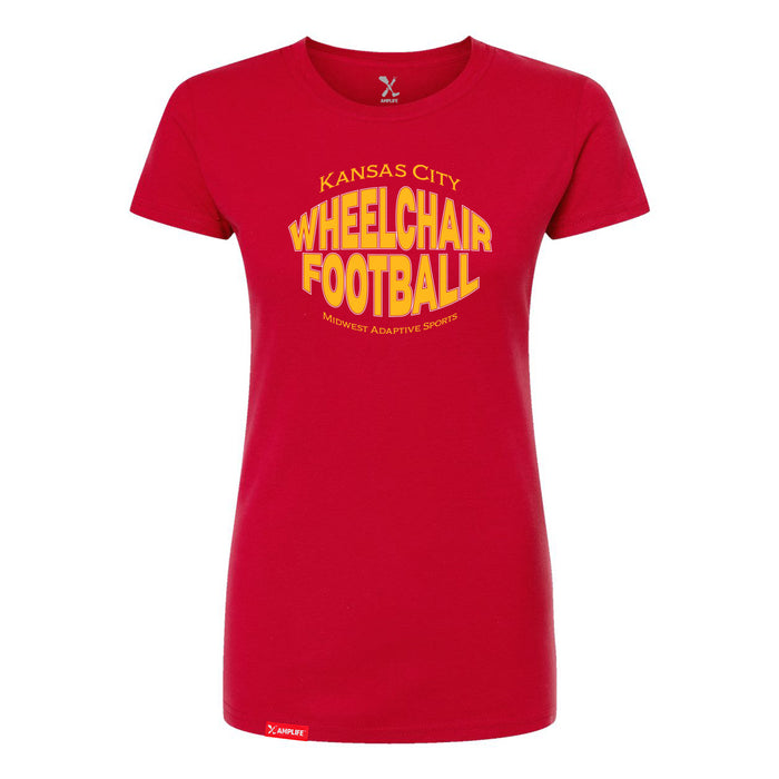 MAS Kansas City Wheelchair Football Warp Women's Red & Gold Slim T-Shirt on a white background